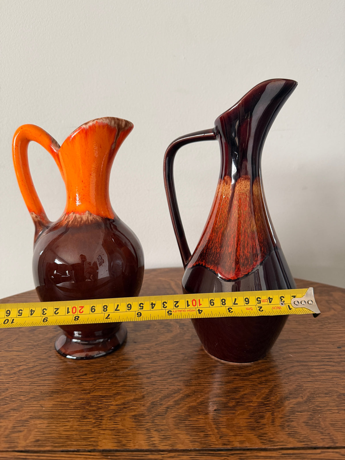 Pair of Vintage Mid-Century Drip Glaze Ceramic Pitchers – Orange & Brown