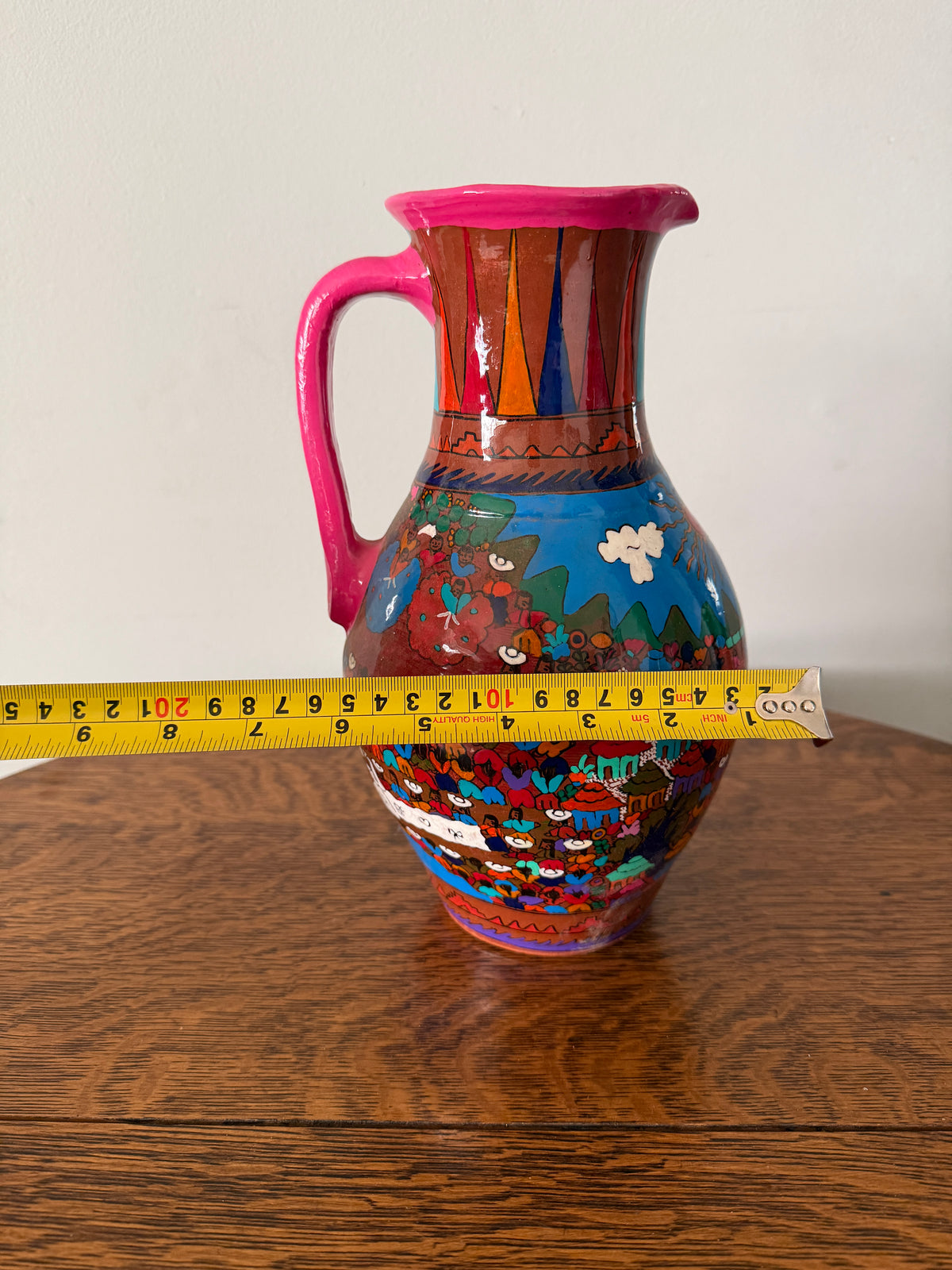 Vintage Hand-Painted Folk Art Terracotta Pitcher – 11”