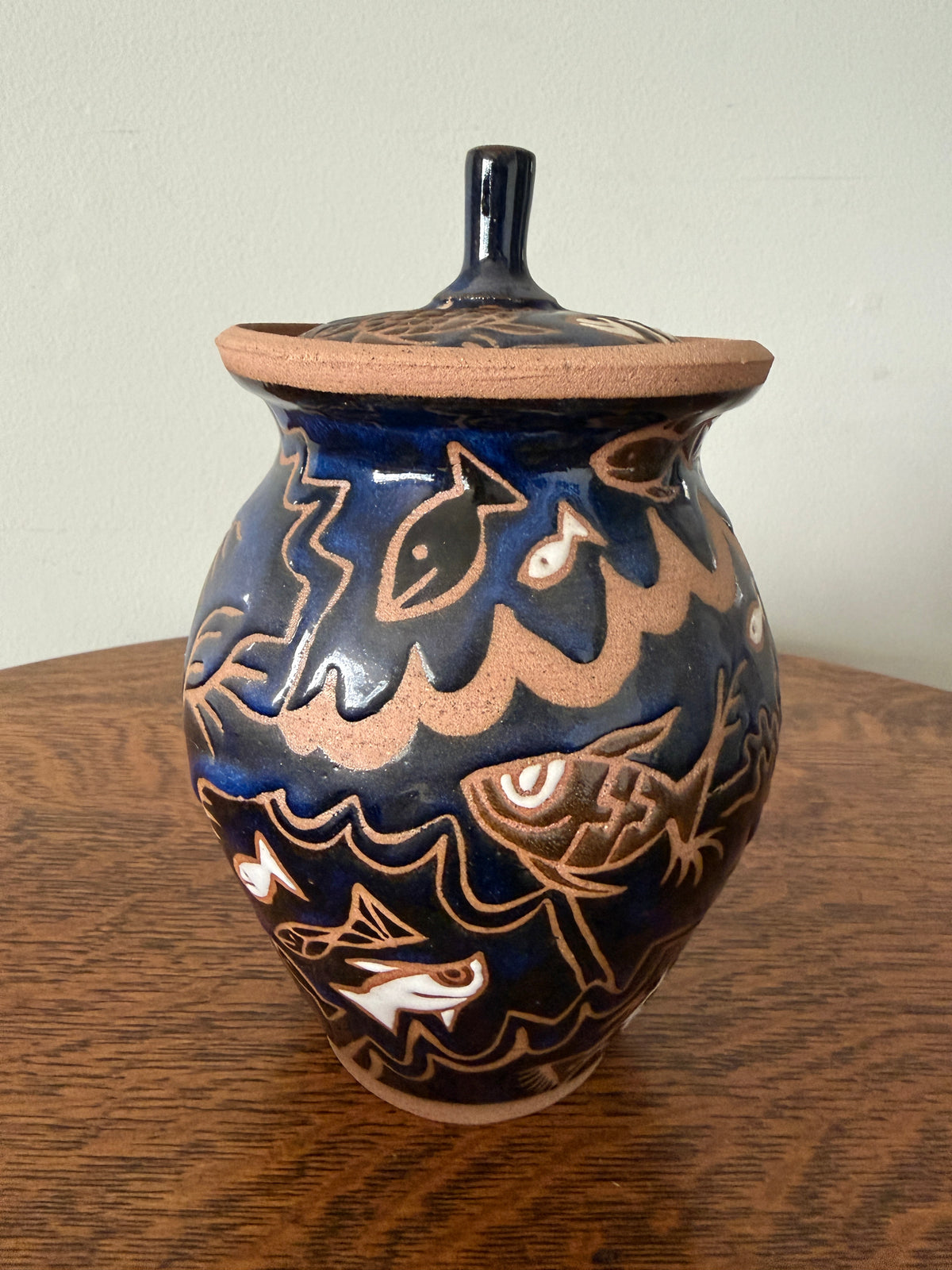 Handmade Studio Pottery Fish Lidded Jar – Signed SJP