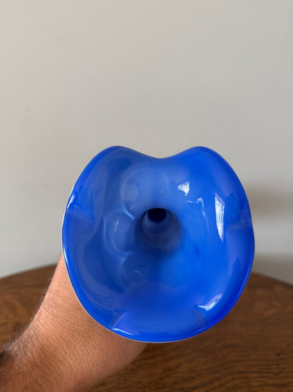 Vintage Blue & White Hand-Blown Art Glass Vase – 12” Sculptural Vase