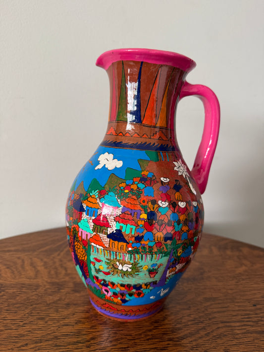 Vintage Hand-Painted Folk Art Terracotta Pitcher – 11”