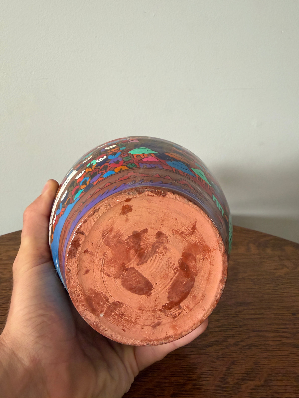 Vintage Hand-Painted Folk Art Terracotta Pitcher – 11”