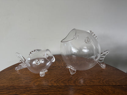 Pair of Clear Glass Fish Decorative Bowls / Vases