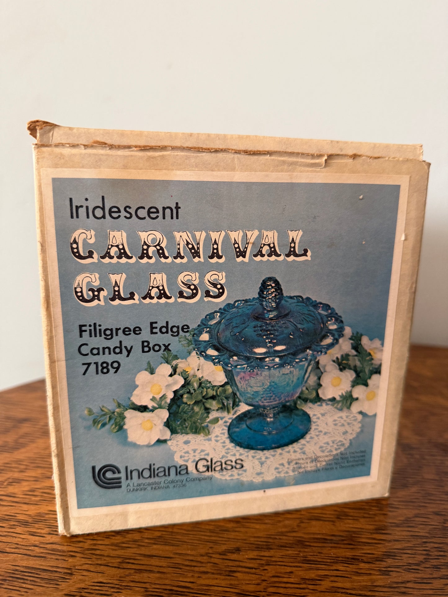 Vintage Indiana Glass Iridescent Carnival Glass Candy Dish #7189 with Original Box