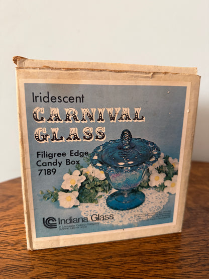 Vintage Indiana Glass Iridescent Carnival Glass Candy Dish #7189 with Original Box