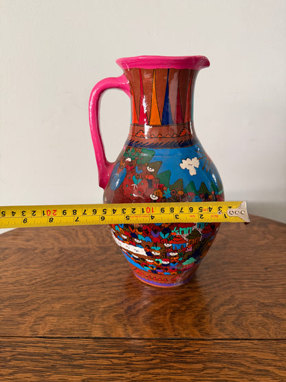 Vintage Hand-Painted Folk Art Terracotta Pitcher – 11”