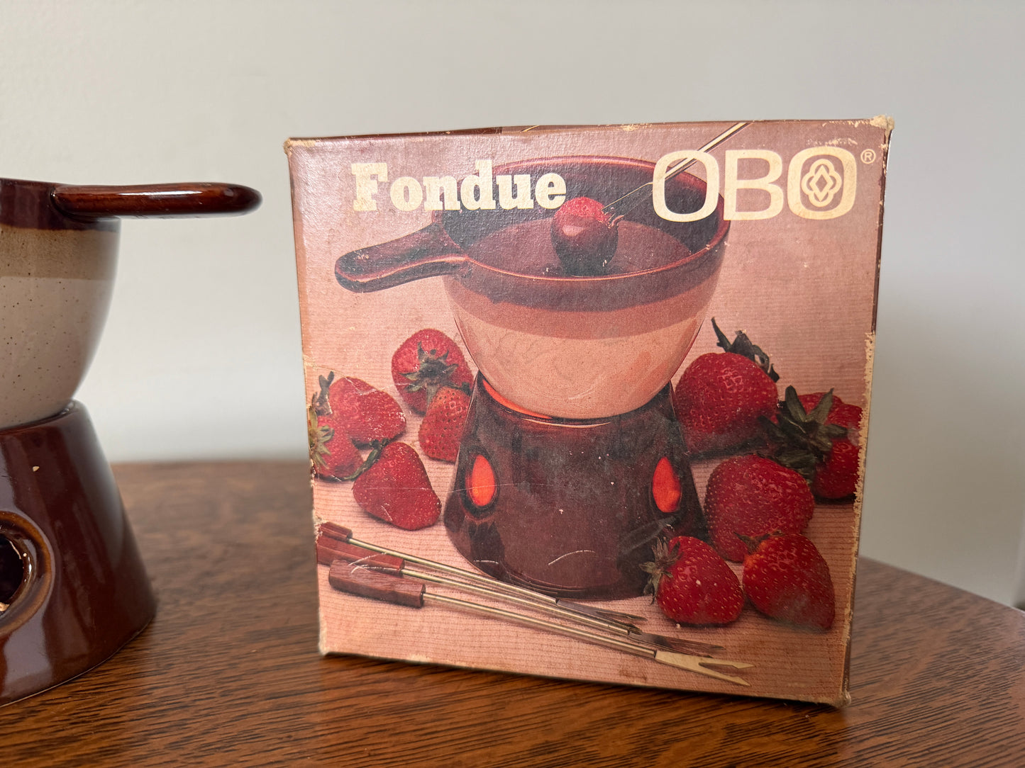 Vintage OBO Ceramic Fondue Set with 4 Forks & Original Box