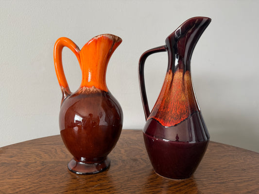 Pair of Vintage Mid-Century Drip Glaze Ceramic Pitchers – Orange & Brown