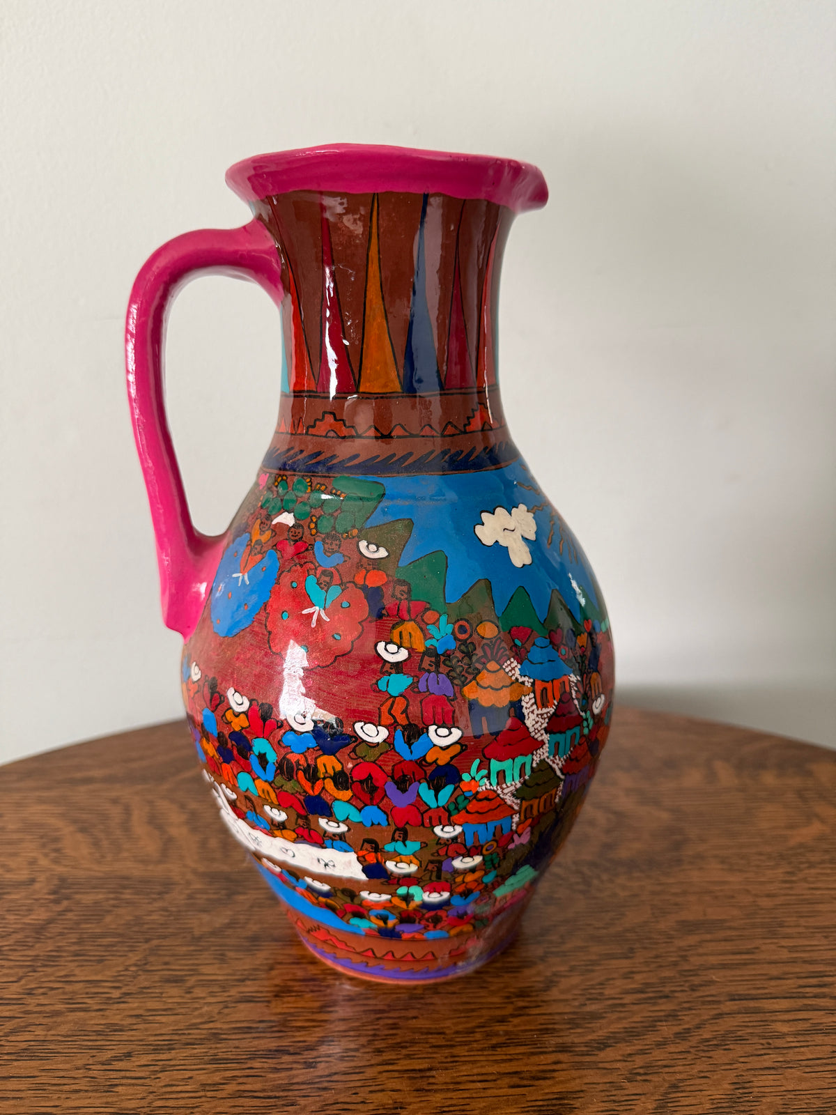 Vintage Hand-Painted Folk Art Terracotta Pitcher – 11”