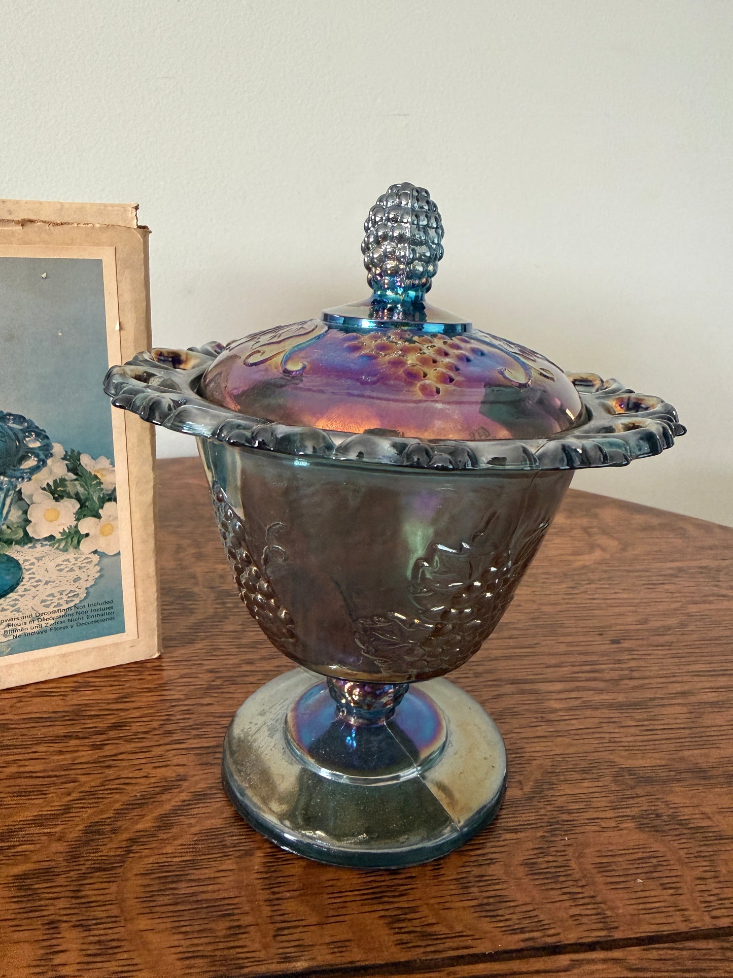 Vintage Indiana Glass Iridescent Carnival Glass Candy Dish #7189 with Original Box