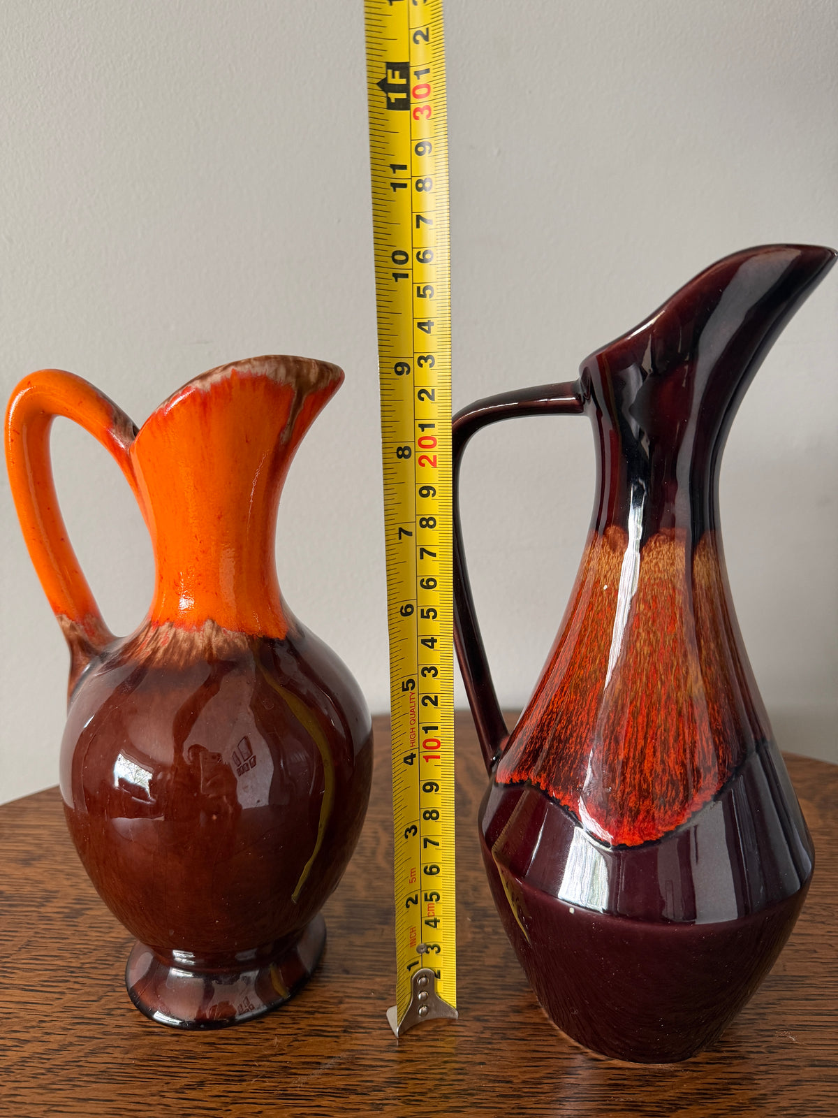 Pair of Vintage Mid-Century Drip Glaze Ceramic Pitchers – Orange & Brown