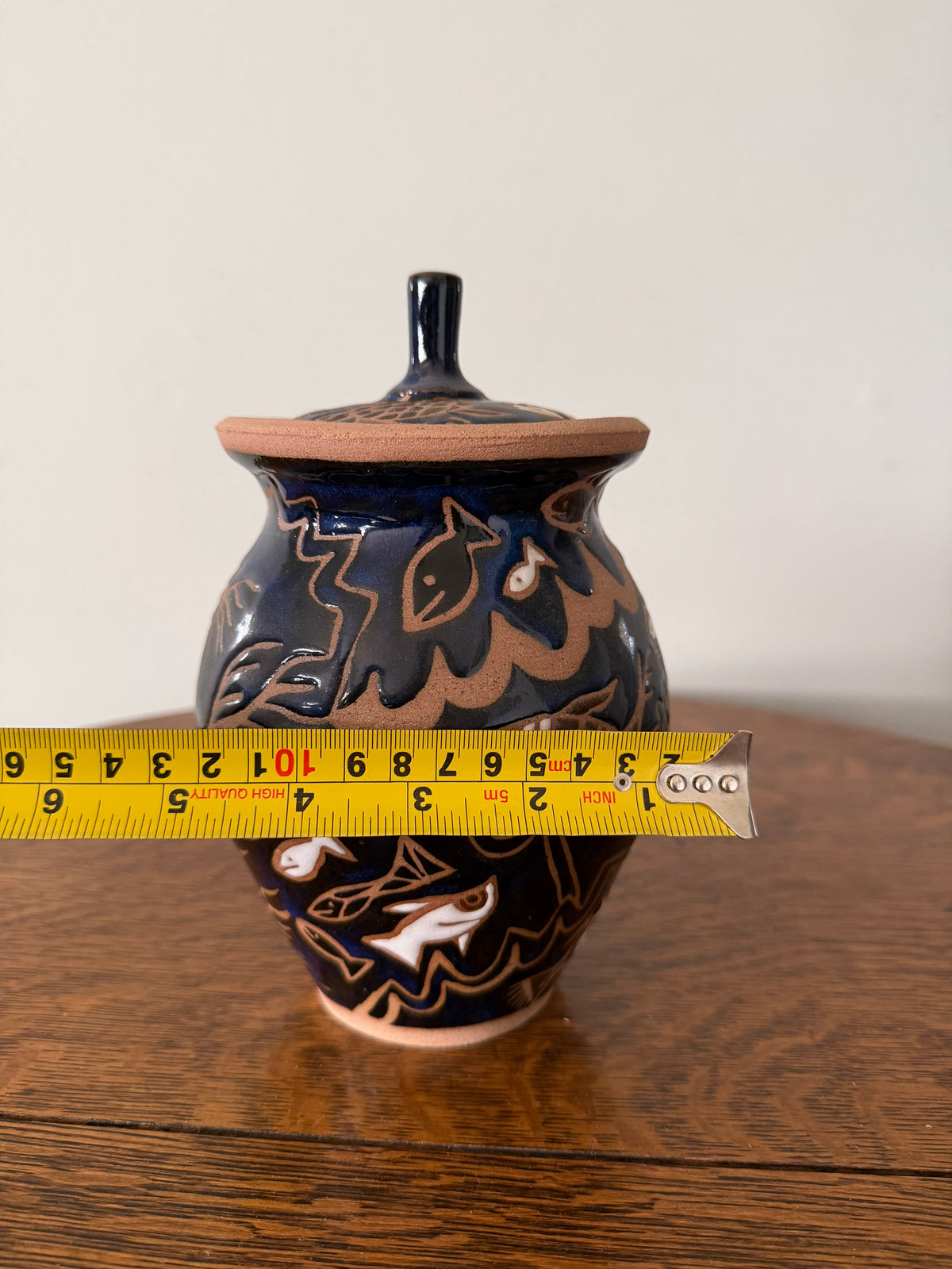 Handmade Studio Pottery Fish Lidded Jar – Signed SJP