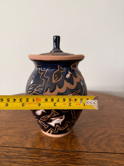 Handmade Studio Pottery Fish Lidded Jar – Signed SJP