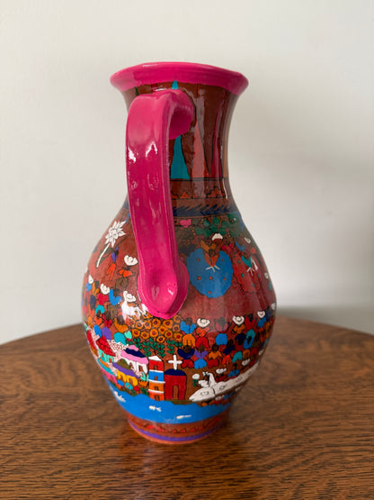 Vintage Hand-Painted Folk Art Terracotta Pitcher – 11”