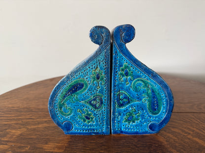 Vintage Rosenthal Netter Italian Ceramic Bookends – Blue Paisley – Pair