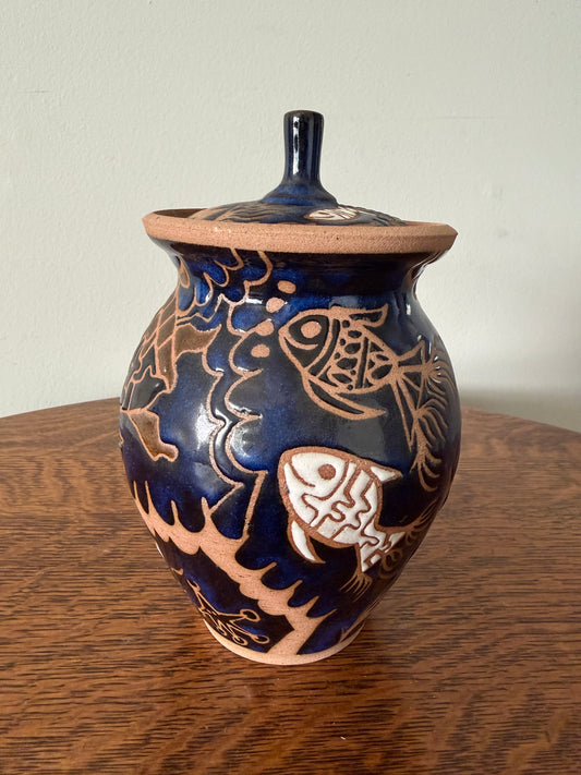 Handmade Studio Pottery Fish Lidded Jar – Signed SJP