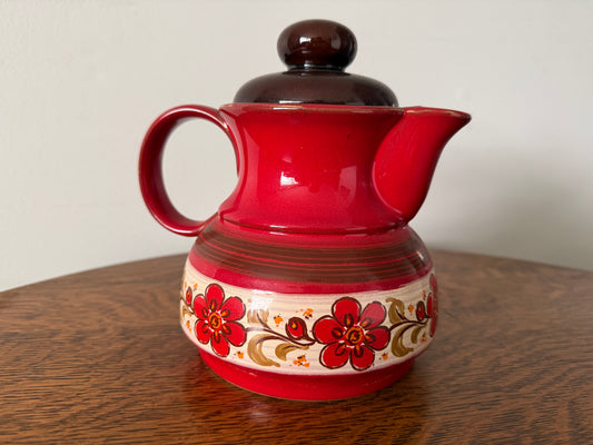 Vintage Red Ceramic Teapot with Hand-Painted Floral Design – 7”