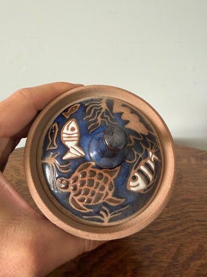 Handmade Studio Pottery Fish Lidded Jar – Signed SJP