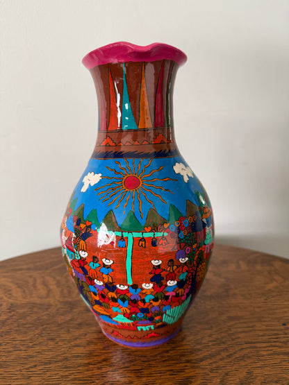 Vintage Hand-Painted Folk Art Terracotta Pitcher – 11”