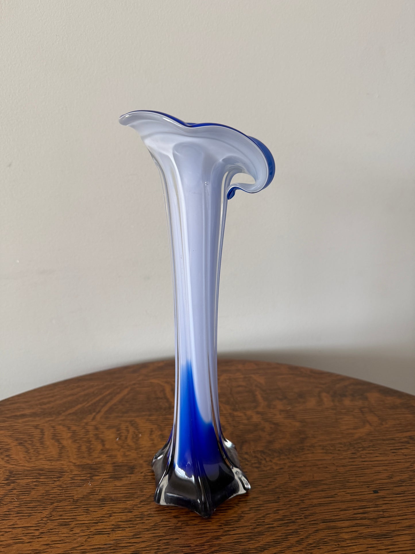 Vintage Blue & White Hand-Blown Art Glass Vase – 12” Sculptural Vase