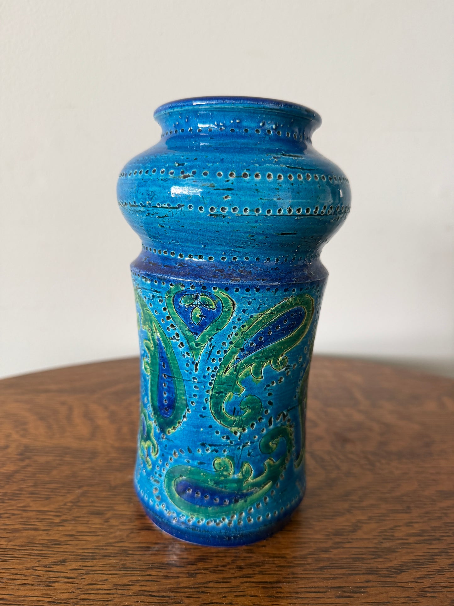 Vintage Italian Blue Paisley Ceramic Vase – Rosenthal Netter / Bitossi Style – 8”
