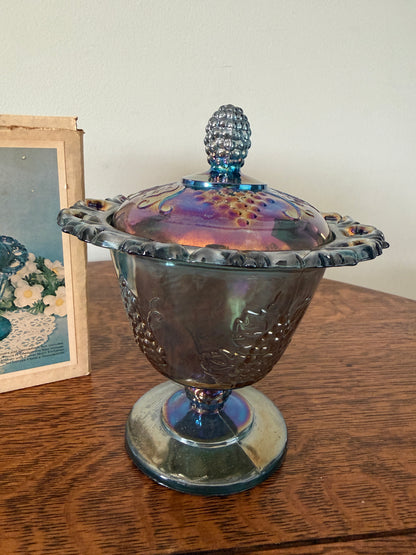 Vintage Indiana Glass Iridescent Carnival Glass Candy Dish #7189 with Original Box