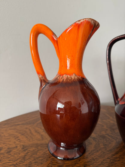 Pair of Vintage Mid-Century Drip Glaze Ceramic Pitchers – Orange & Brown
