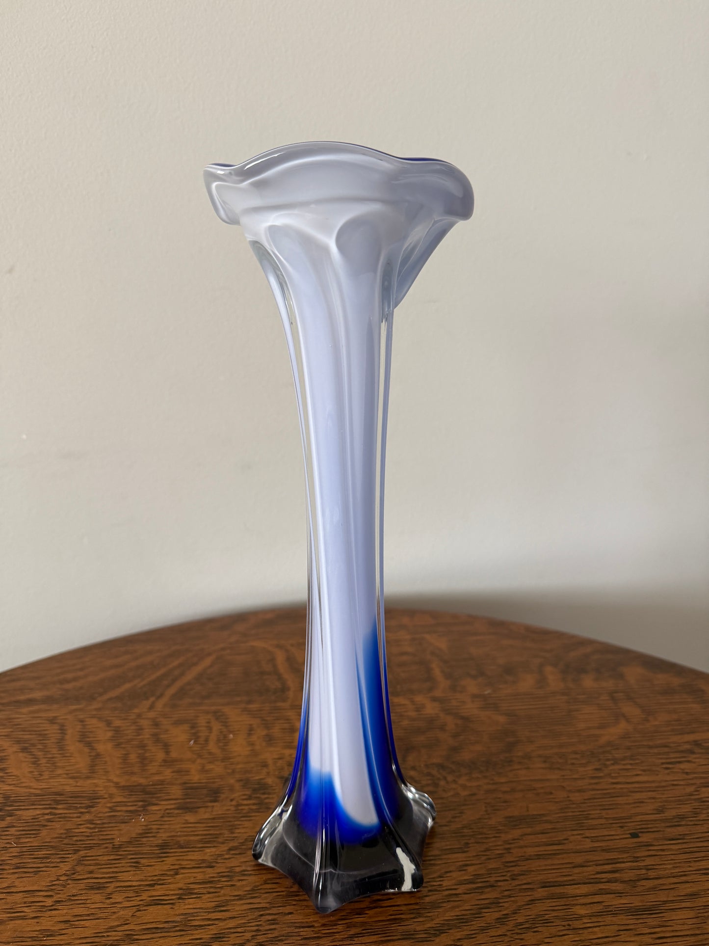 Vintage Blue & White Hand-Blown Art Glass Vase – 12” Sculptural Vase