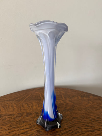 Vintage Blue & White Hand-Blown Art Glass Vase – 12” Sculptural Vase
