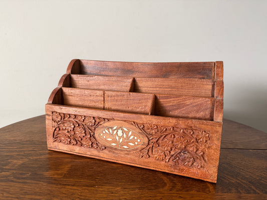 Vintage Indian Hand-Carved Wood Letter & Mail Organizer