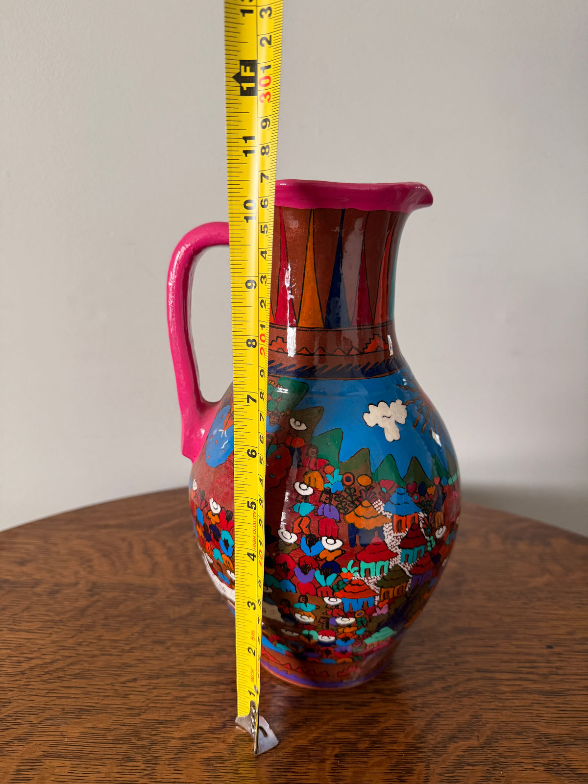Vintage Hand-Painted Folk Art Terracotta Pitcher – 11”