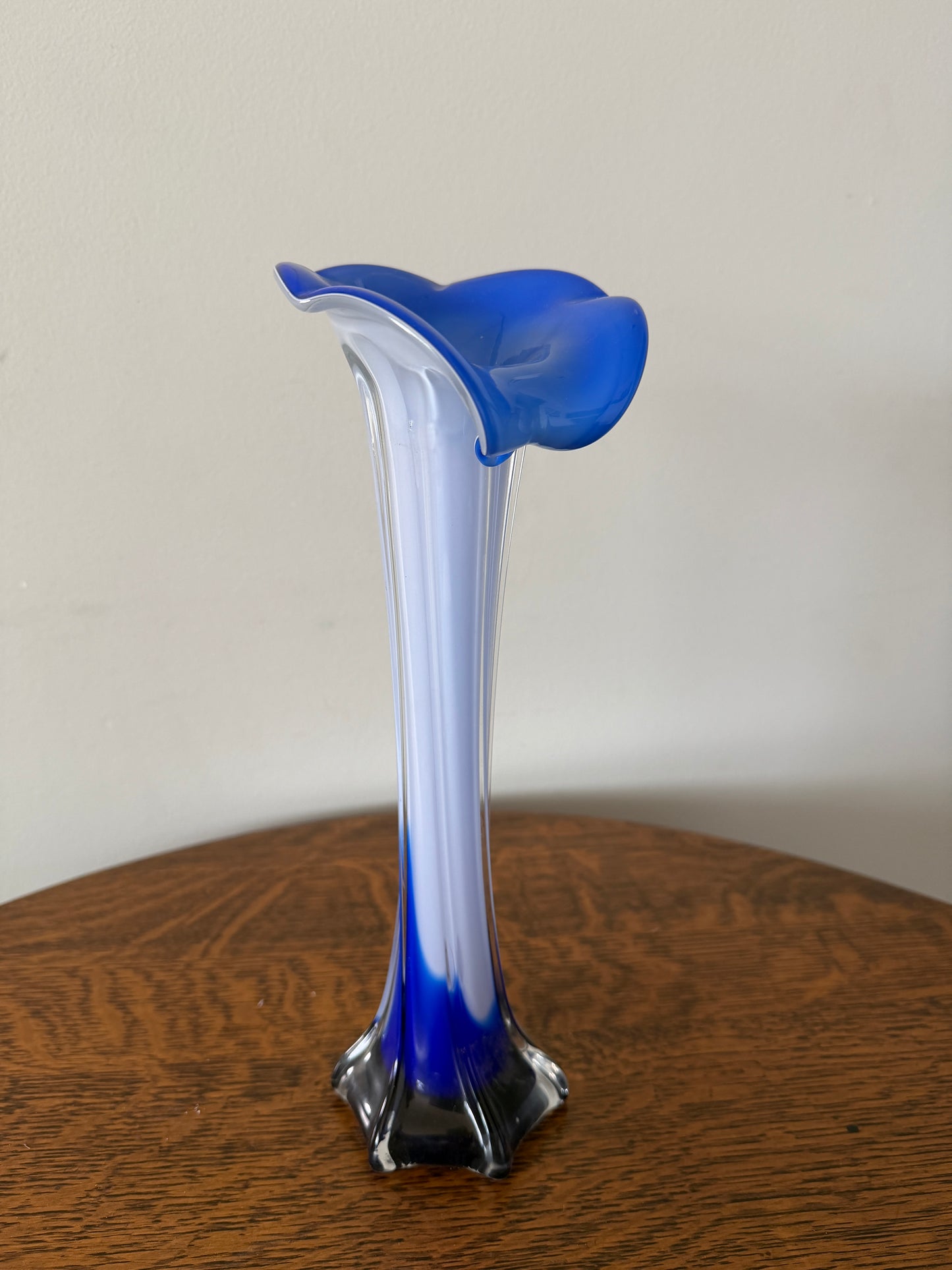 Vintage Blue & White Hand-Blown Art Glass Vase – 12” Sculptural Vase