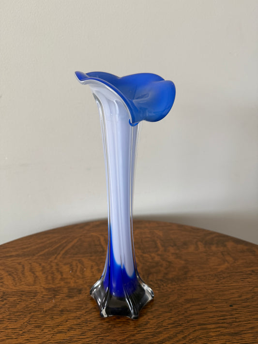Vintage Blue & White Hand-Blown Art Glass Vase – 12” Sculptural Vase