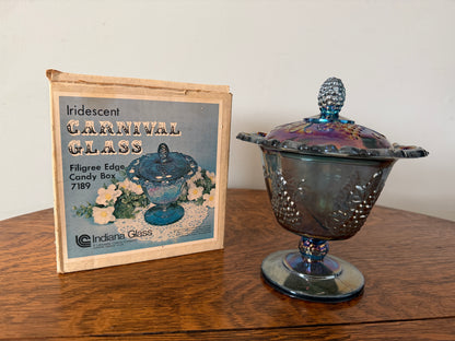 Vintage Indiana Glass Iridescent Carnival Glass Candy Dish #7189 with Original Box