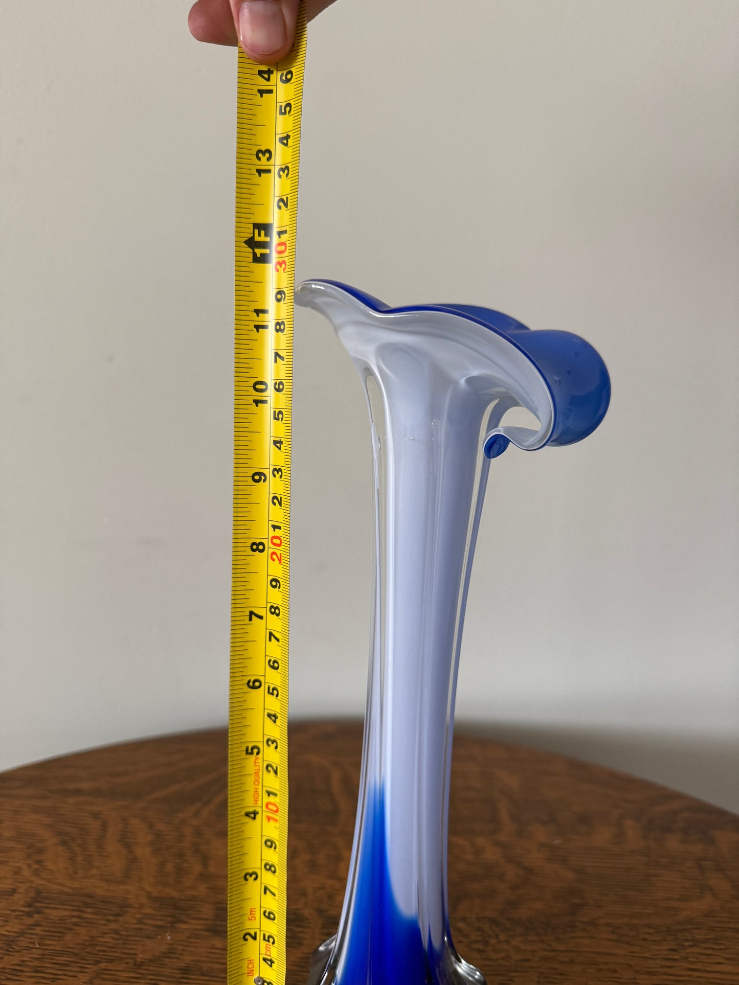 Vintage Blue & White Hand-Blown Art Glass Vase – 12” Sculptural Vase