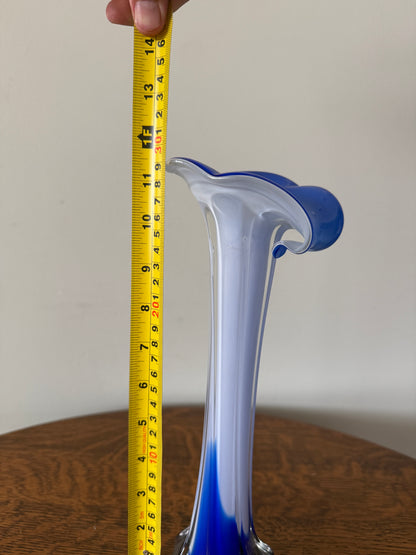 Vintage Blue & White Hand-Blown Art Glass Vase – 12” Sculptural Vase
