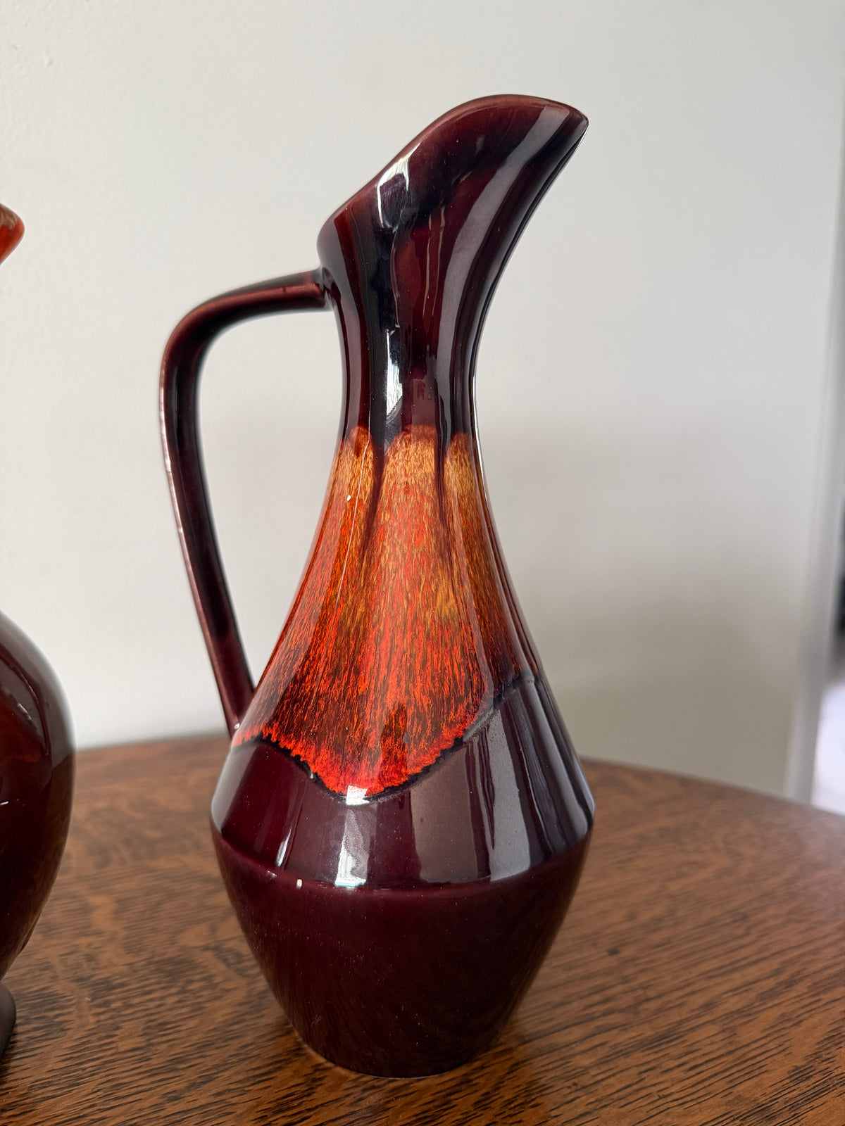 Pair of Vintage Mid-Century Drip Glaze Ceramic Pitchers – Orange & Brown