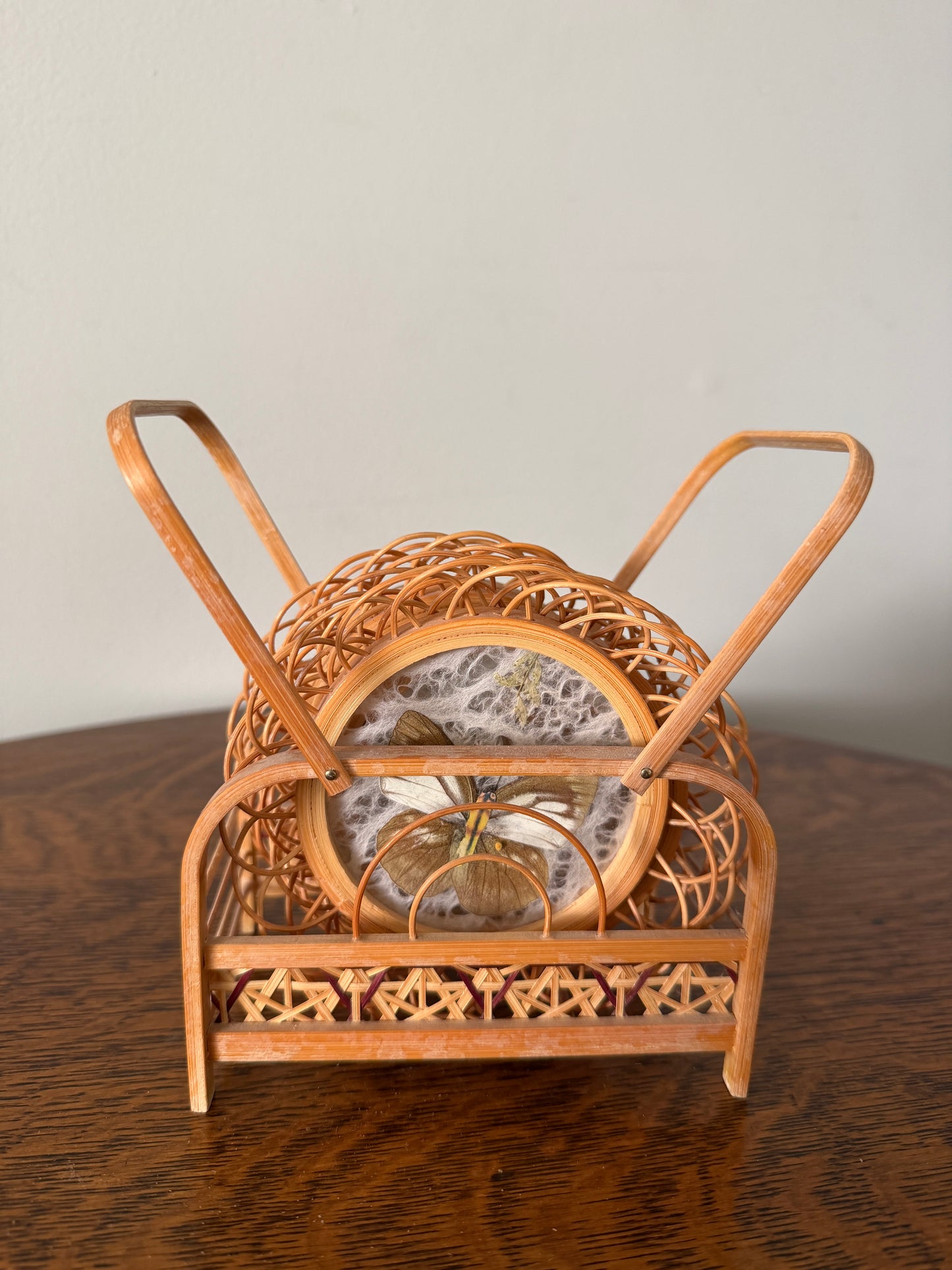 Vintage Butterfly Specimen Coaster Set with Rattan Stand – Set of 6