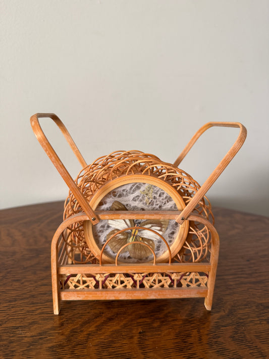 Vintage Butterfly Specimen Coaster Set with Rattan Stand – Set of 6