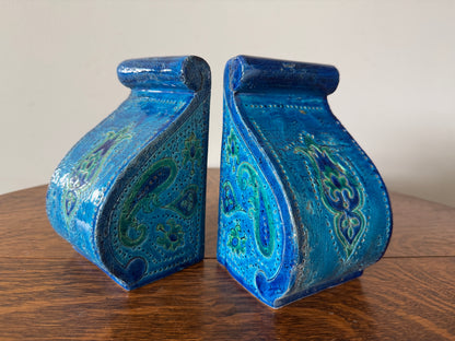 Vintage Rosenthal Netter Italian Ceramic Bookends – Blue Paisley – Pair
