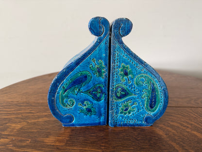 Vintage Rosenthal Netter Italian Ceramic Bookends – Blue Paisley – Pair