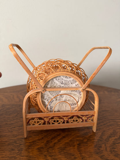Vintage Butterfly Specimen Coaster Set with Rattan Stand – Set of 6