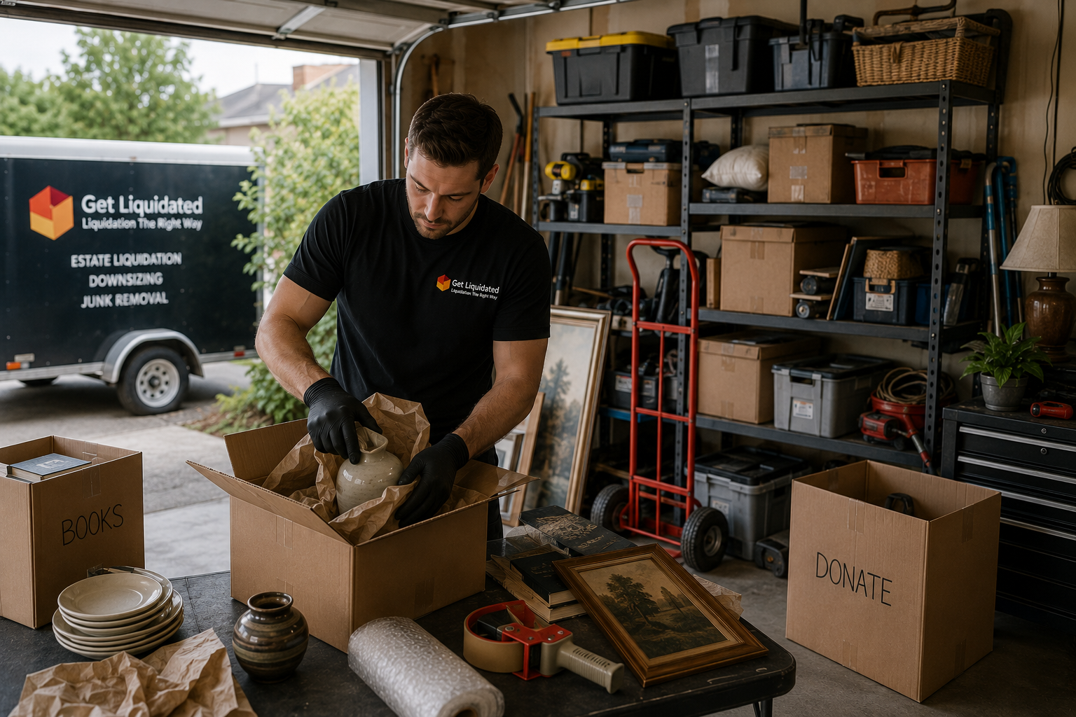the get liquidated team member cleaning up a garage for a client in summerland british columbia
